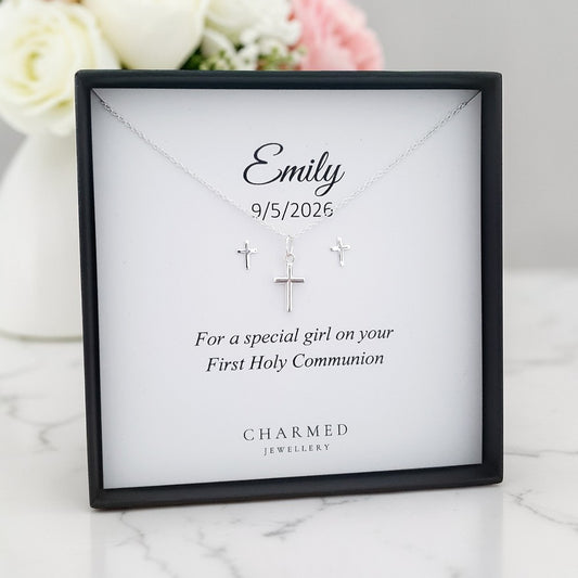 First Holy Communion Gift, Cross Necklace & Earrings Jewellery Set, Personalised Jewellery Set