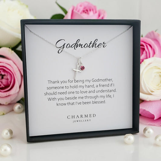 Godmother Gift, Cross Necklace with Birthstone in Sterling Silver 925 | Personalised Jewellery Gift