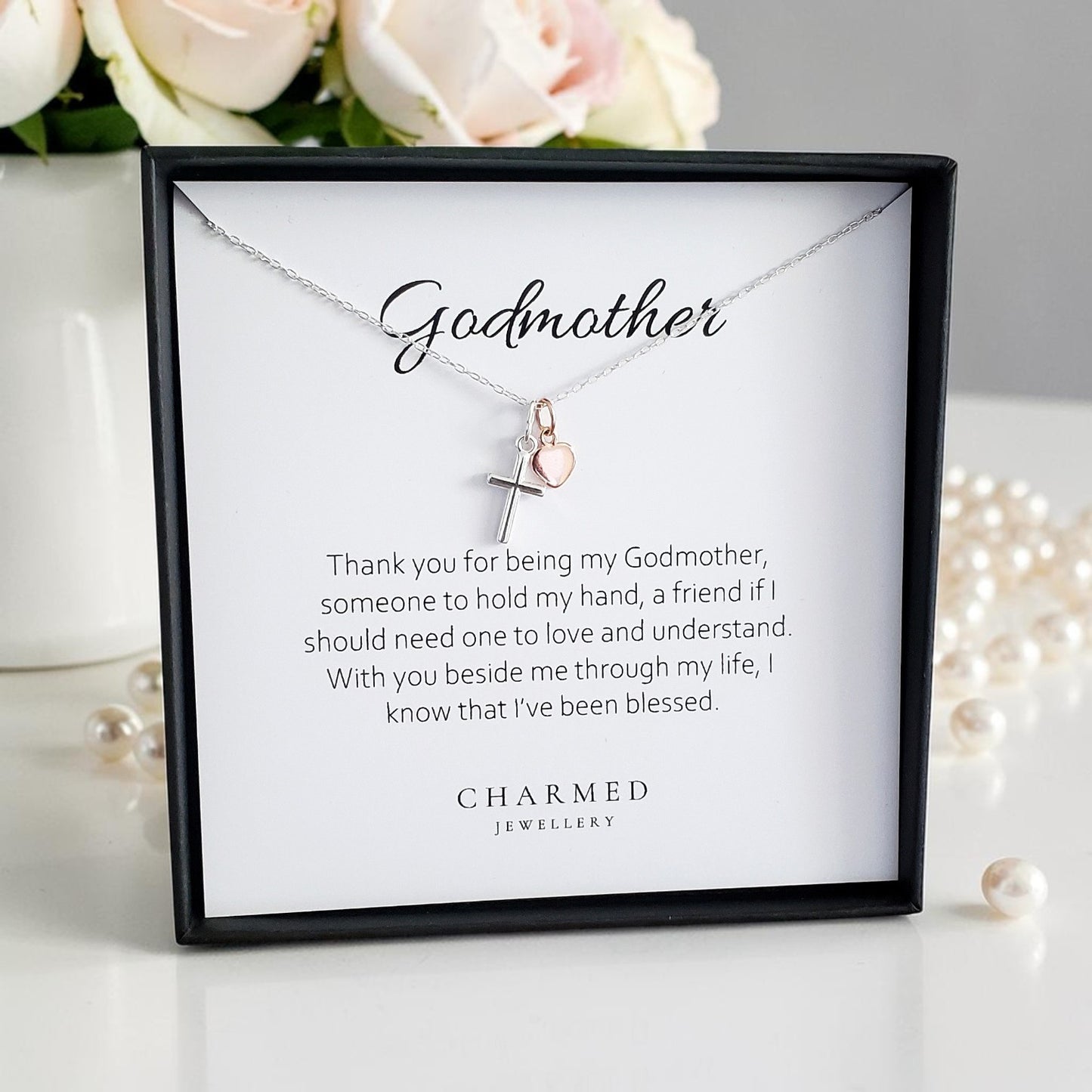 Godmother Gift | Cross Necklace with Rose Gold Heart in Sterling Silver 925 | Message Card Jewellery