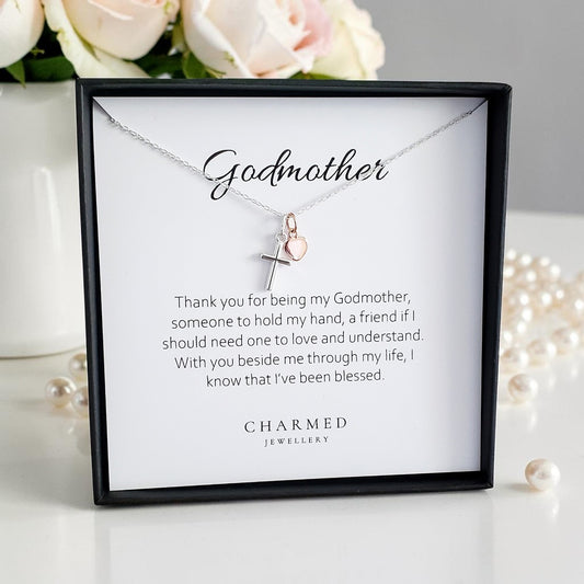 Godmother Gift | Cross Necklace with Rose Gold Heart in Sterling Silver 925 | Message Card Jewellery