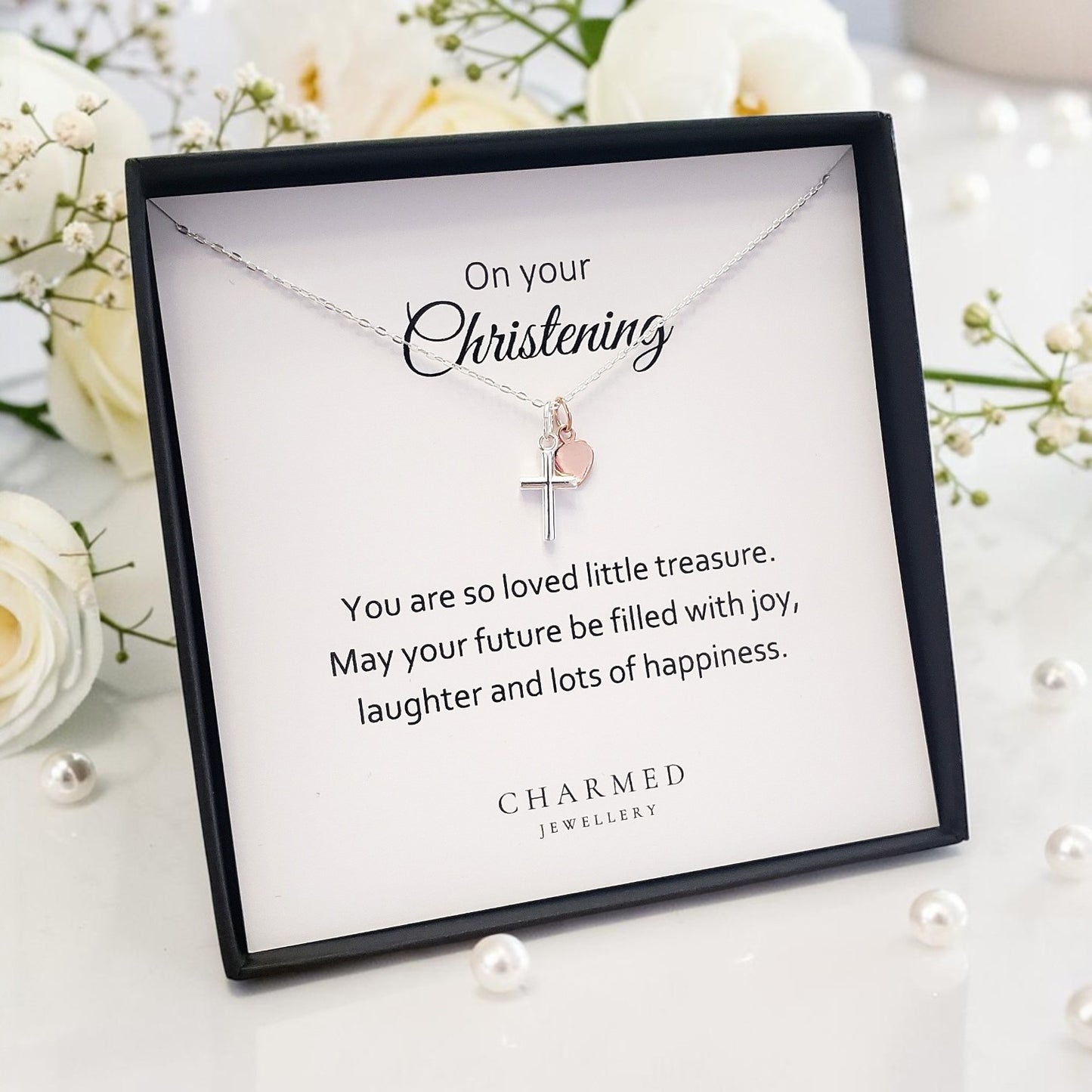 Christening Cross Necklace with Rose Gold Heart, Personalised Jewellery Gift