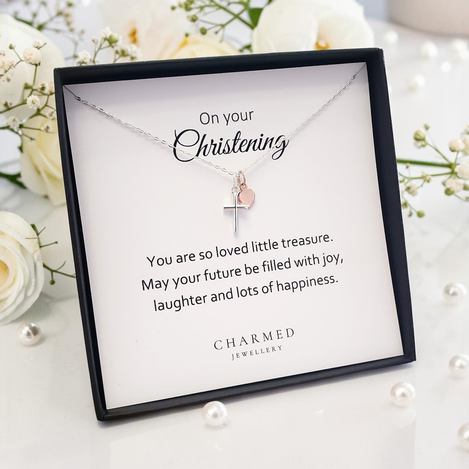 Christening Cross Necklace with Rose Gold Heart, Personalised Jewellery Gift