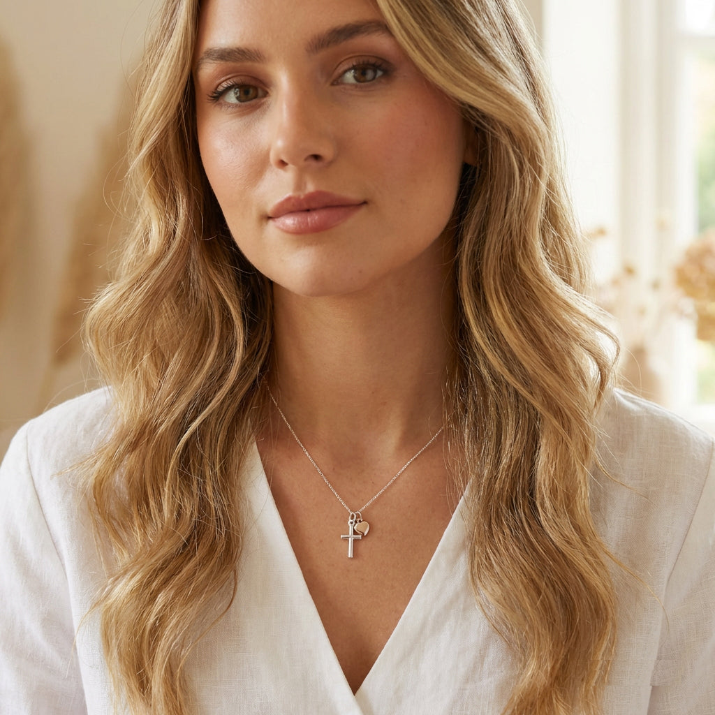 Cross Necklace with Rose Gold Heart in Sterling Silver 925 