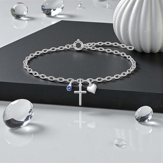 Cross Heart Bracelet with Crystal Birthstone | Sterling Silver 925 | Personalised Jewellery Gift