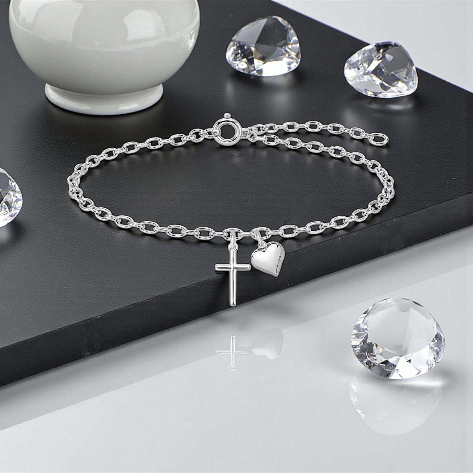 Cross Bracelet with Puffy Heart | Sterling Silver 925 | Religious Jewellery Gift