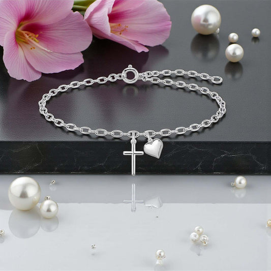 Cross Bracelet with Puffy Heart | Sterling Silver 925 | Religious Jewellery Gift