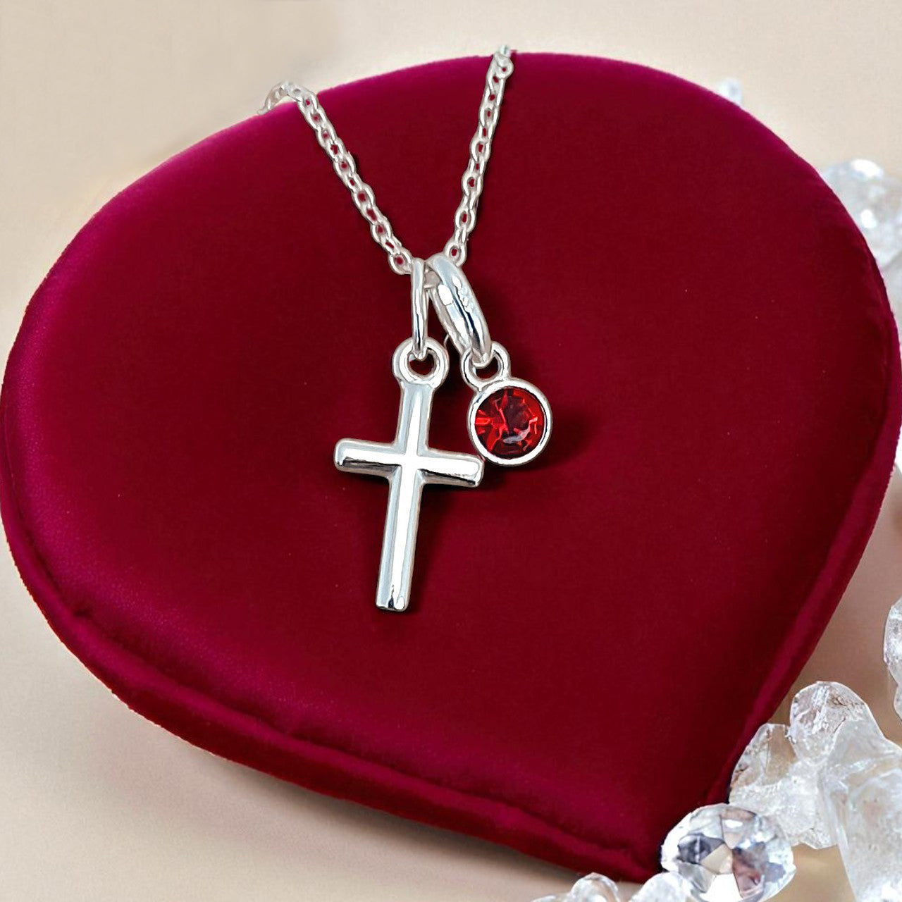 Godmother Gift, Cross Necklace with Birthstone in Sterling Silver 925 | Personalised Jewellery Gift