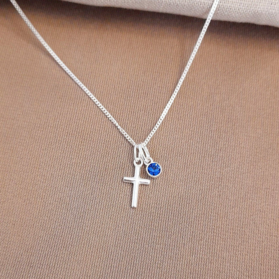 Godmother Gift, Cross Necklace with Birthstone in Sterling Silver 925 | Personalised Jewellery Gift