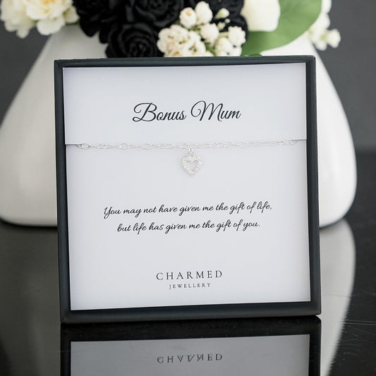 Bonus Mum CZ Open Heart Bracelet | Sterling Silver 925 | Personalised Jewellery Gift