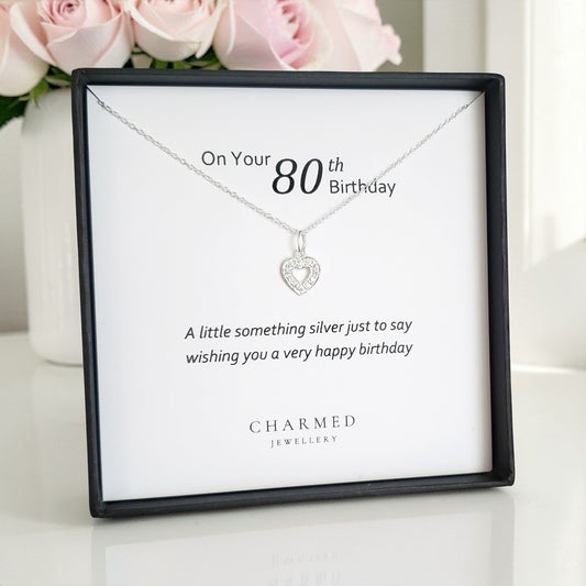 80th Birthday CZ Heart Necklace in Sterling Silver 925 | Personalised Jewellery Gift