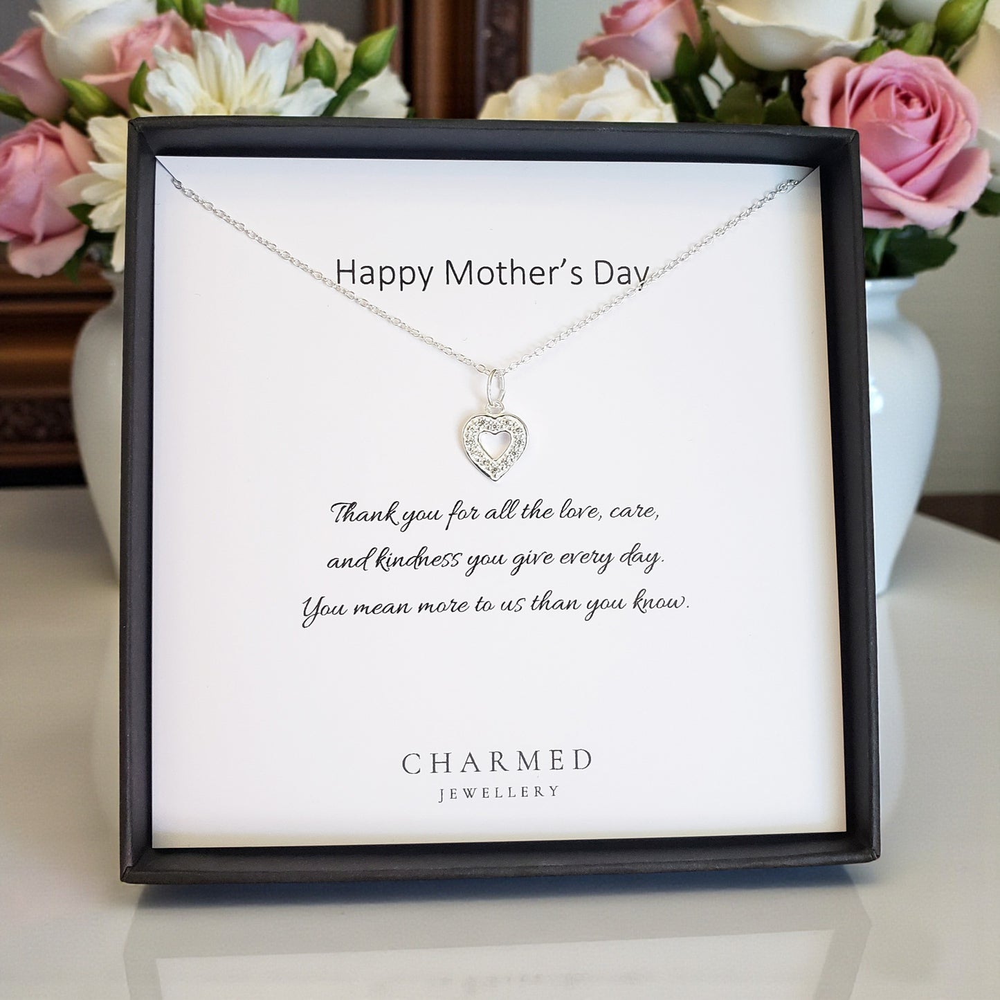 Happy Mother's Day CZ Open Heart Necklace | Sterling Silver 925 | Personalised Jewellery Gift