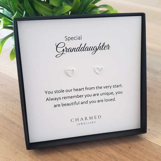 Granddaughter Gift, CZ Heart Stud Earrings in Sterling Silver 925 | Personalised Jewellery Gift