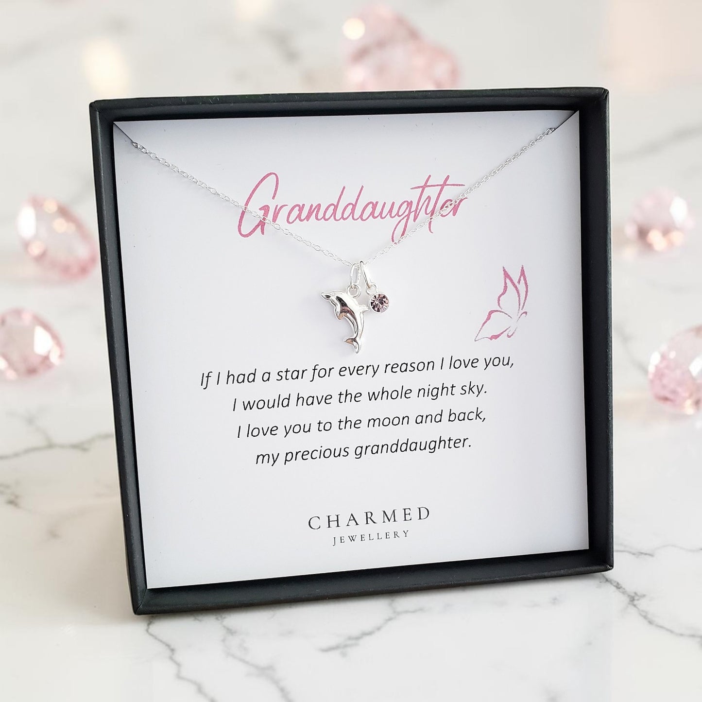 Granddaughter Dolphin Necklace with Birthstone | Sterling Silver 925 | Message Card Jewellery Gift