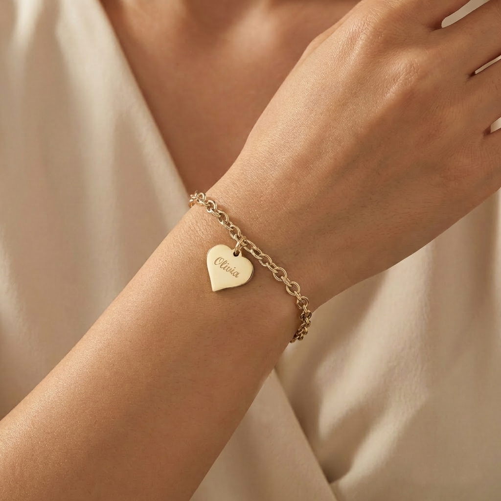 Engraved Name Charm Bracelet | 14ct Gold Plated Stainless Steel | Personalised Jewellery Gift
