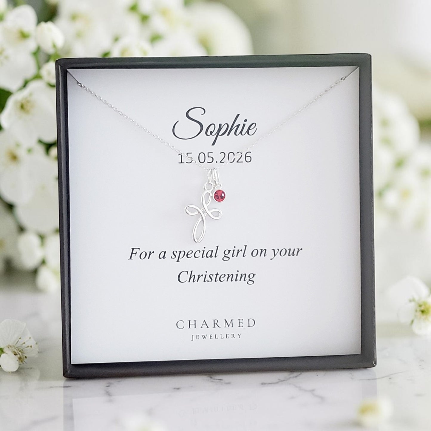 Christening Eternity Cross Necklace with Birthstone | Sterling Silver 925 | Message Card Jewellery