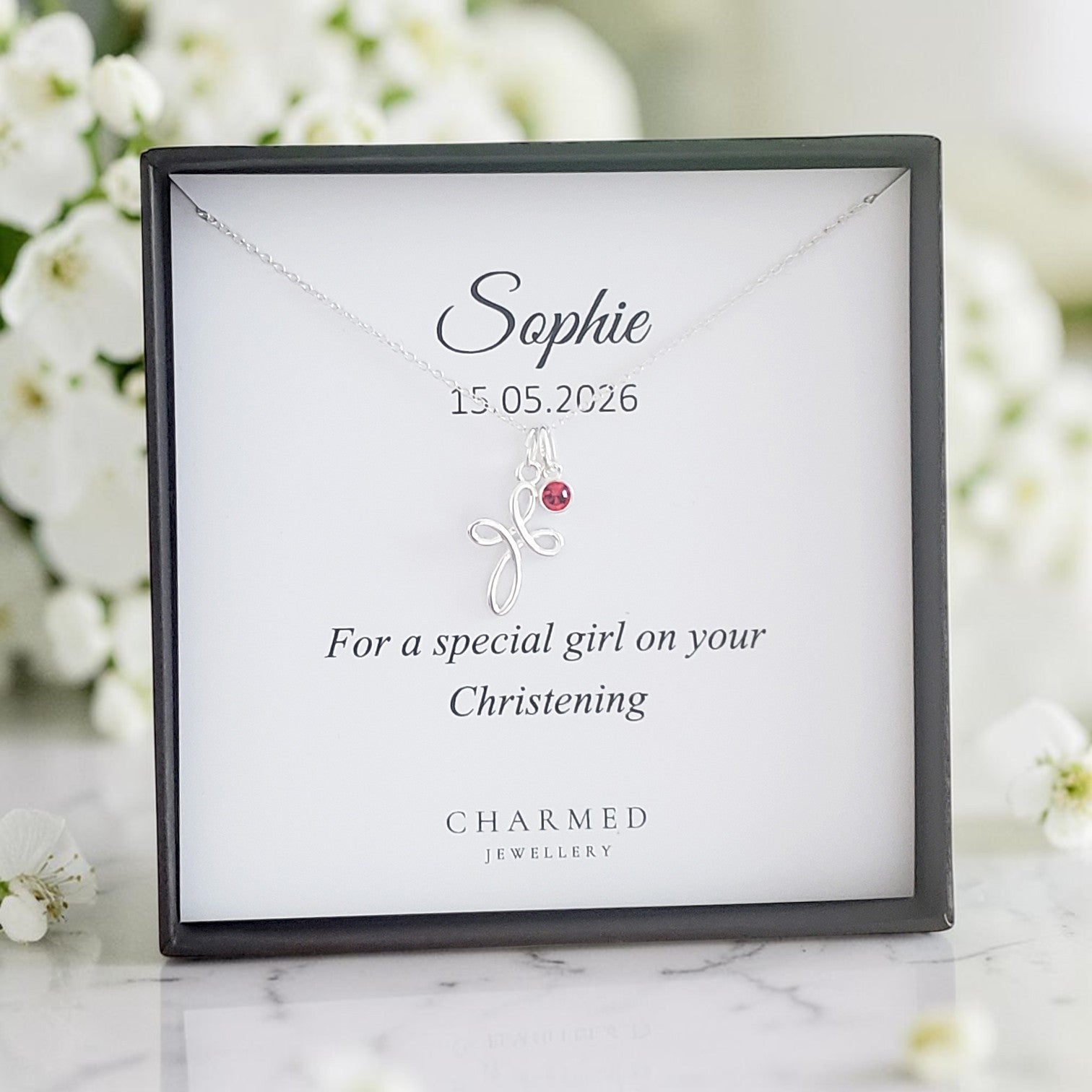Christening Eternity Cross Necklace with Birthstone | Sterling Silver 925 | Message Card Jewellery