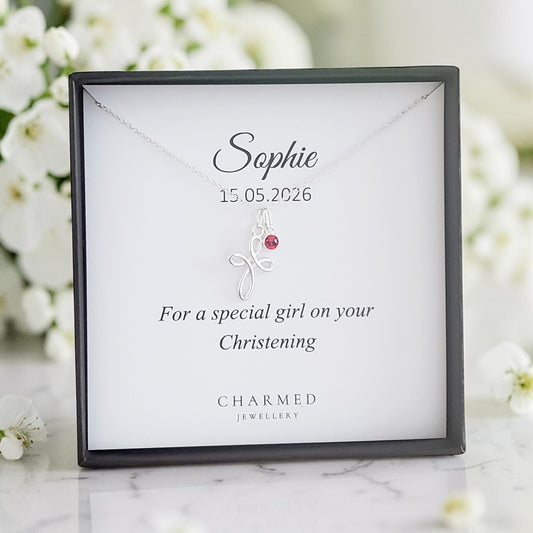 Christening Eternity Cross Necklace with Birthstone | Sterling Silver 925 | Message Card Jewellery