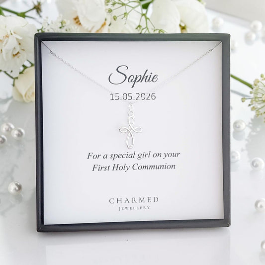 First Holy Communion Gift | Eternity Cross Necklace in Sterling Silver 925 | Message Card Jewellery