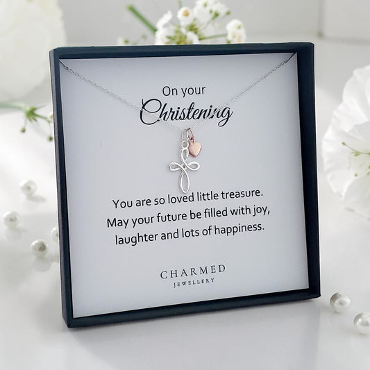 Christening Eternity Cross Necklace with Rose Gold Heart | Personalised Jewellery Gift
