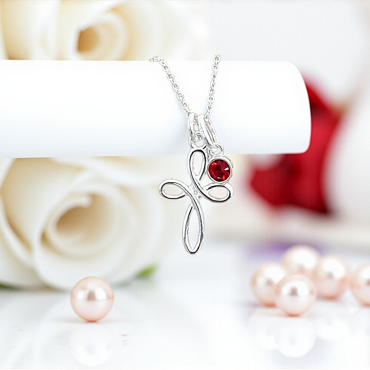 First Holy Communion Gift, Eternity Cross Necklace with Birthstone in Sterling Silver 925, Personalised Jewellery Gift
