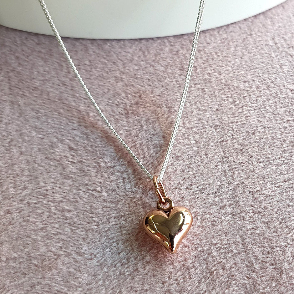 Auntie Rose Gold Puffy Heart Necklace in Sterling Silver 925, Personalised Jewellery Gift