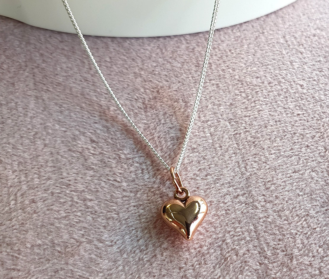 Goddaughter Gift, Rose Gold Puffy Heart Necklace in Sterling Silver 925, Personalised Jewellery Gift