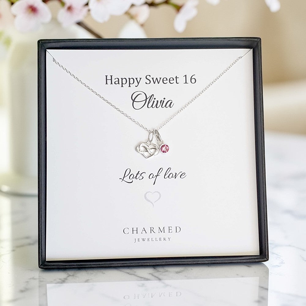 Sweet 16 Infinity Heart Birthstone Necklace | Sterling Silver 925 | Personalised Gift