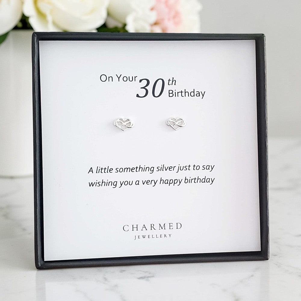 30th Birthday Infinity Heart Stud Earrings | Sterling Silver 925 | Personalised Gift