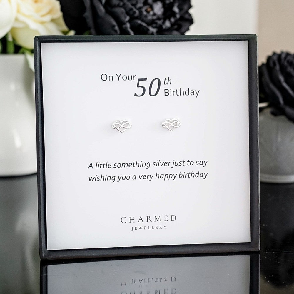 50th Birthday Infinity Heart Stud Earrings | Sterling Silver 925 | Personalised Gift