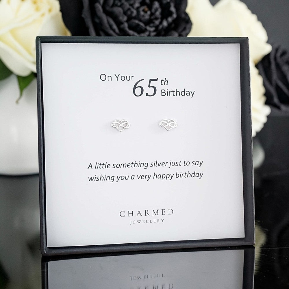 65th Birthday Infinity Heart Stud Earrings | Sterling Silver 925 | Personalised Gift
