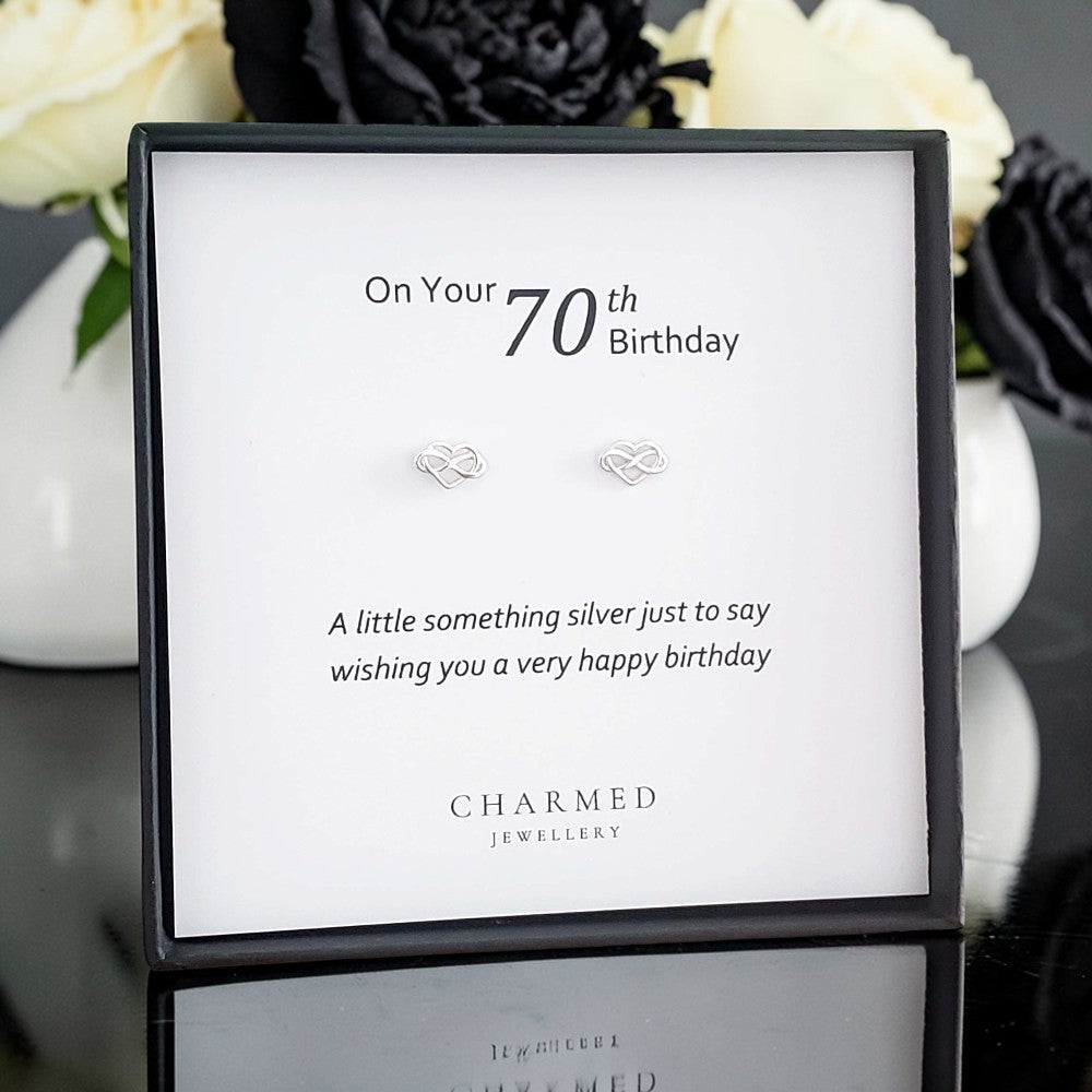 70th Birthday Infinity Heart Stud Earrings | Sterling Silver 925 | Personalised Gift