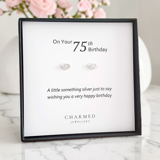 75th Birthday Infinity Heart Stud Earrings | Sterling Silver 925 | Personalised Gift
