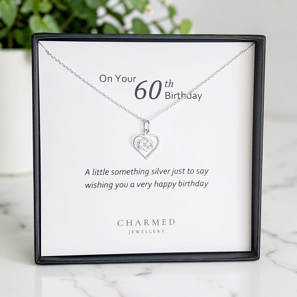 60th Birthday Infinity Knot Heart Necklace in Sterling Silver 925 | Personalised Gift