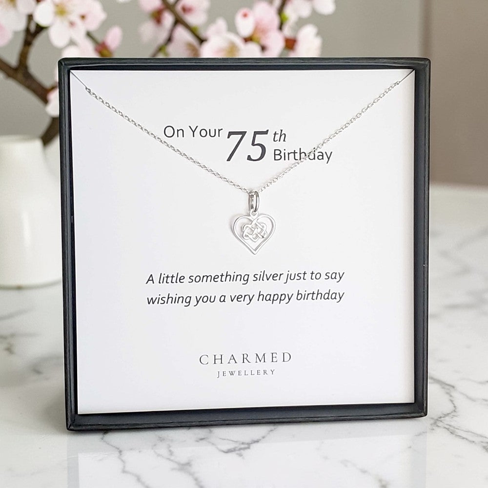 75th Birthday Infinity Knot Heart Necklace in Sterling Silver 925 | Personalised Gift