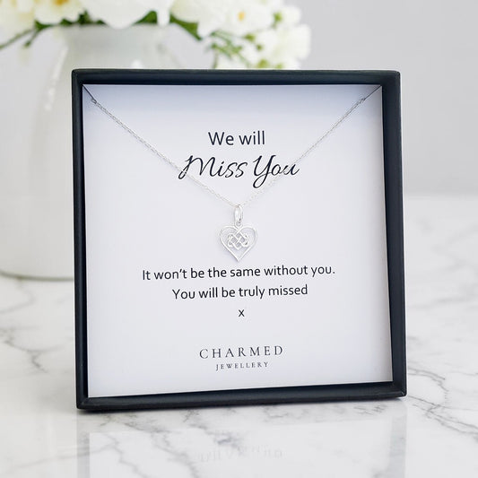 We Will Miss You Gift | Infinity Knot Heart Necklace in Sterling Silver 925 | Personalised Jewellery