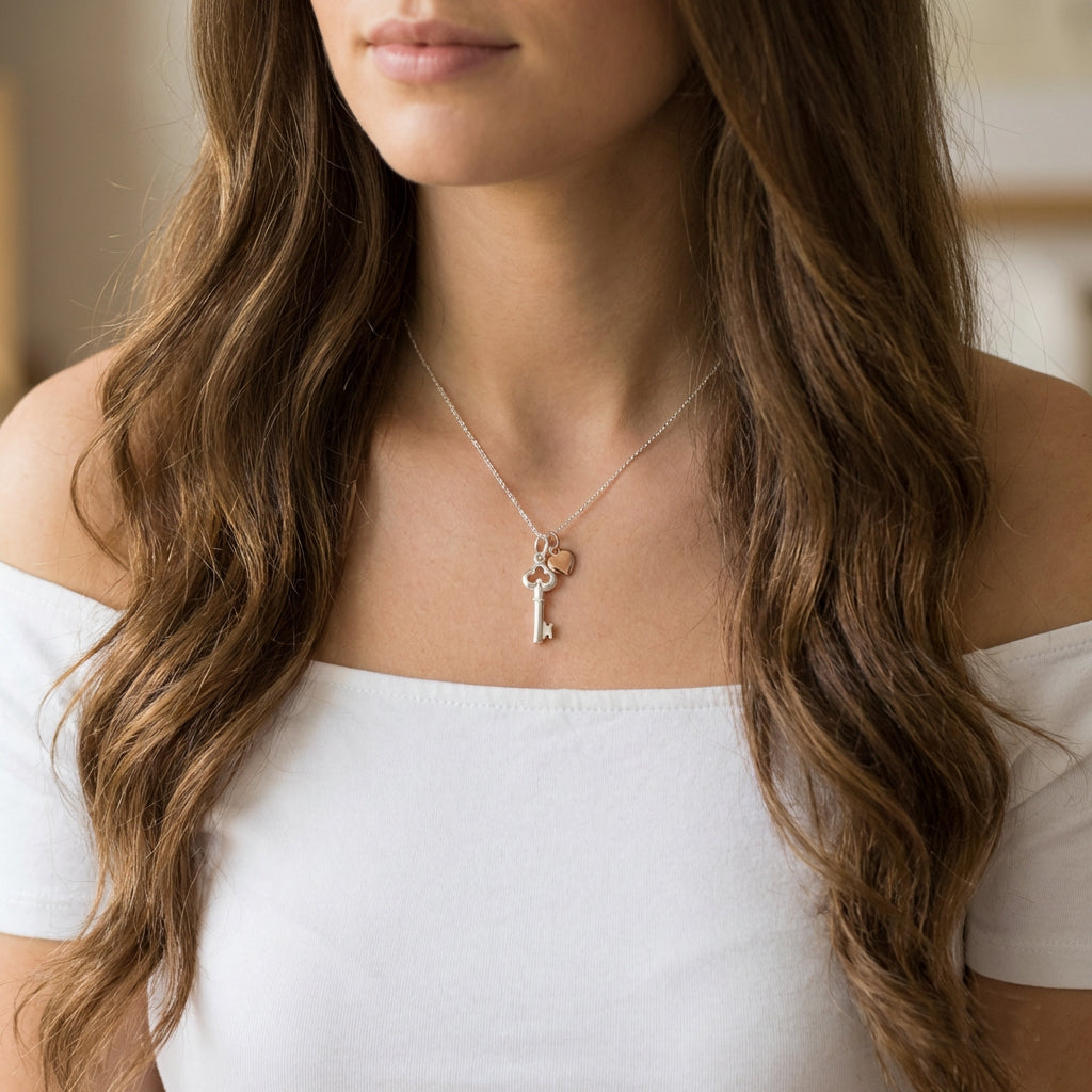 Key Necklace with Rose Gold Heart | Sterling Silver 925 | Personalised Jewellery