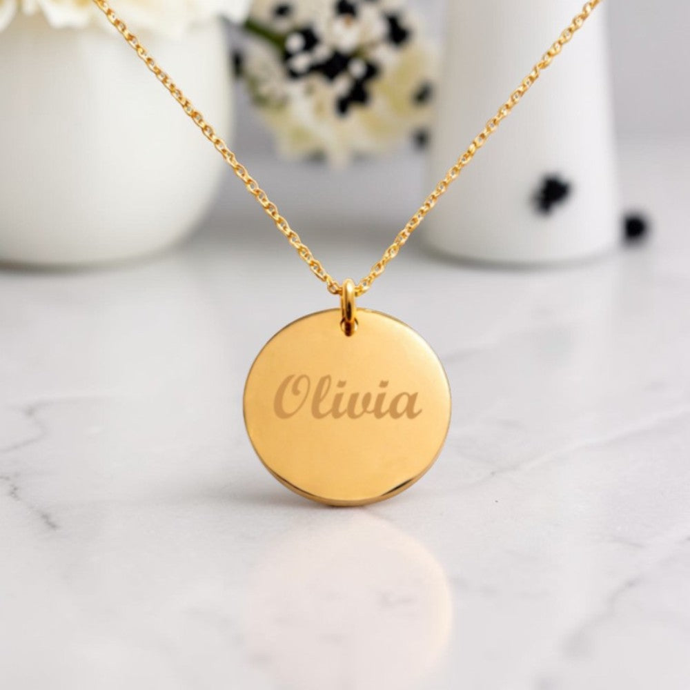 Engraved Name Disc Necklace | 14ct Gold Stainless Steel | Personalised Jewellery