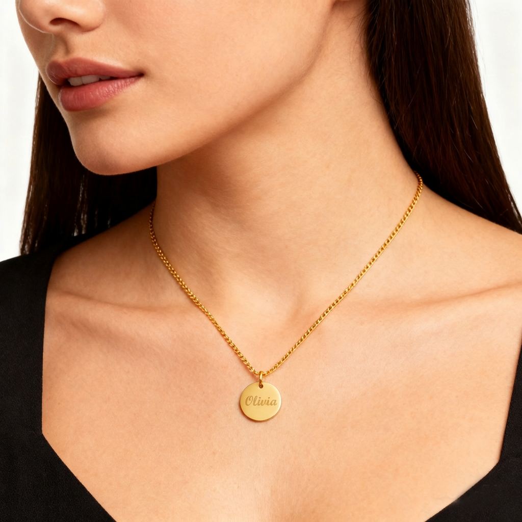 Engraved Name Disc Necklace | 14ct Gold Stainless Steel | Personalised Jewellery