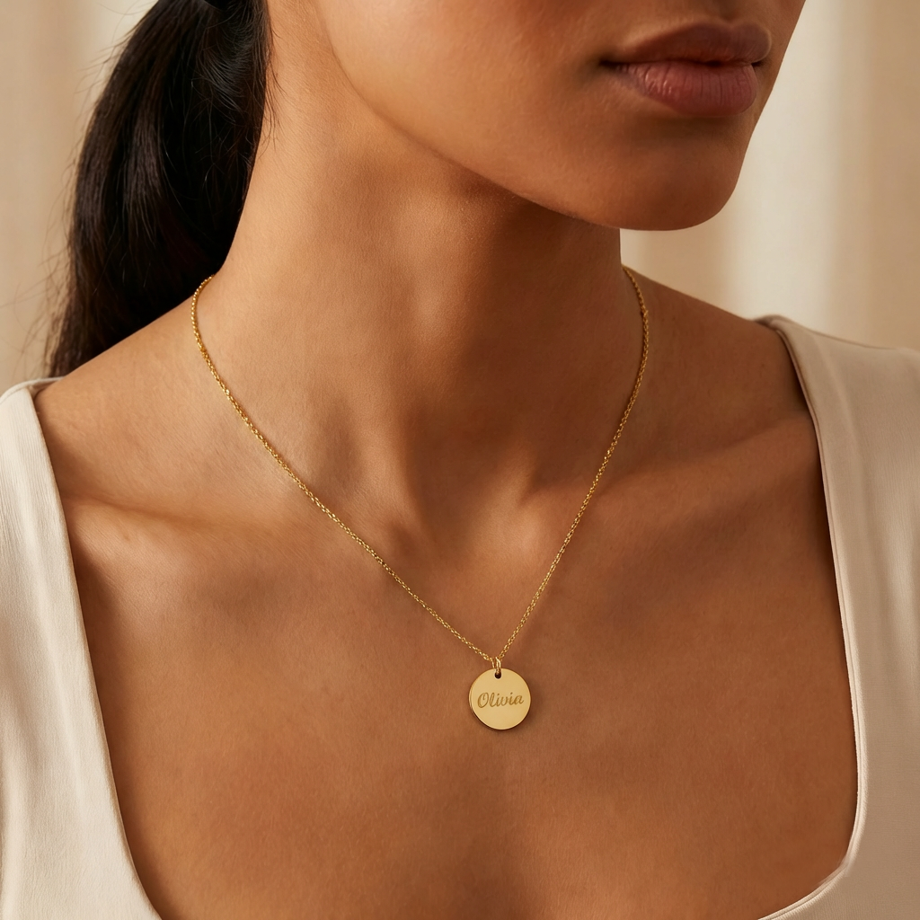 Engraved Name Disc Necklace | Gold Stainless Steel | Personalised Jewellery