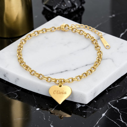Engraved Name Charm Bracelet | 14ct Gold Plated Stainless Steel | Personalised Jewellery Gift