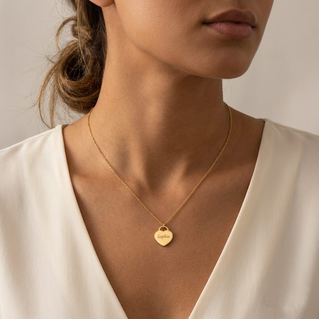 Engraved Name Heart Necklace | Gold Stainless Steel | Personalised Jewellery