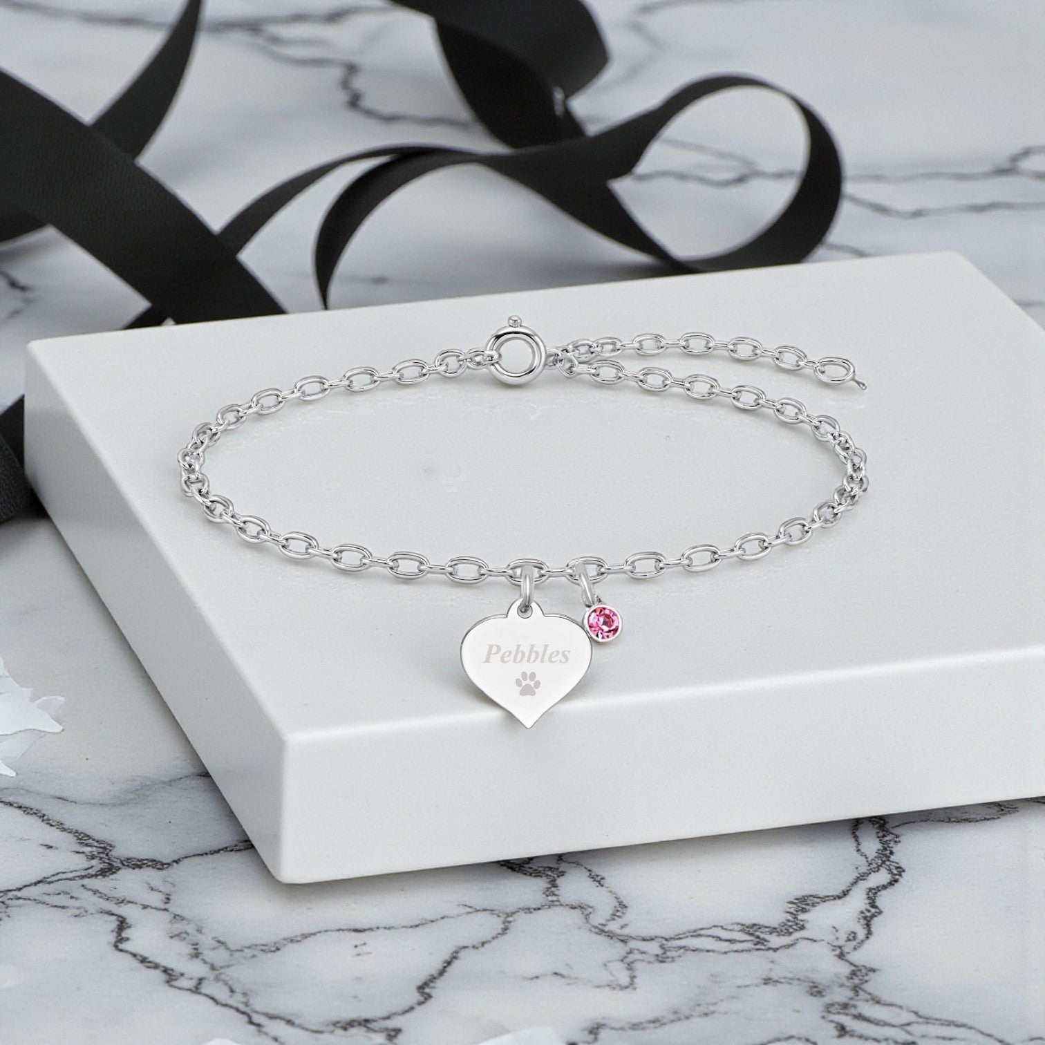 Personalised Paw Print Bracelet | Sterling Silver 925 | Engraved Pet Name Memorial Jewellery Gift