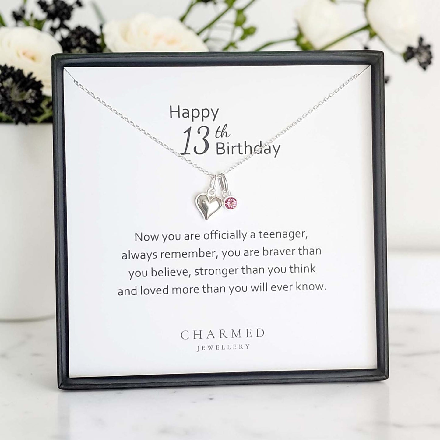 13th Birthday Heart Necklace with Birthstone | Sterling Silver 925 | Personalised Jewellery