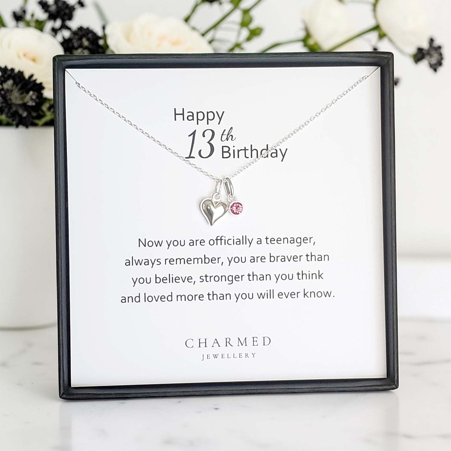 13th Birthday Heart Necklace with Birthstone | Sterling Silver 925 | Personalised Jewellery