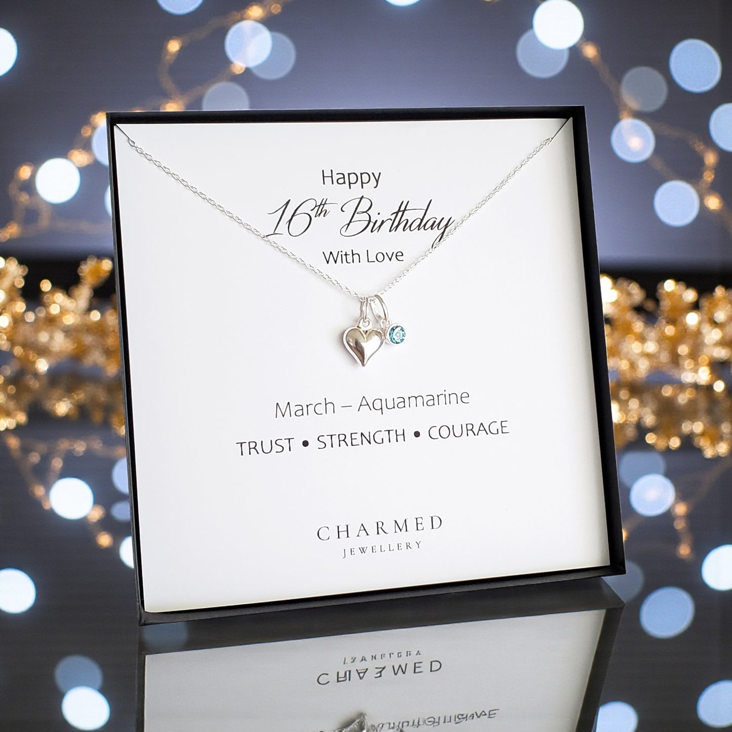 16th Birthday Gift | Puffy Heart Necklace with Crystal Birthstone