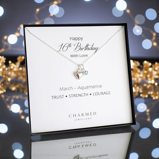 16th Birthday Gift | Puffy Heart Necklace with Crystal Birthstone
