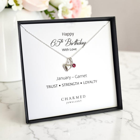 65th Birthday Gift | Puffy Heart Necklace with Crystal Birthstone