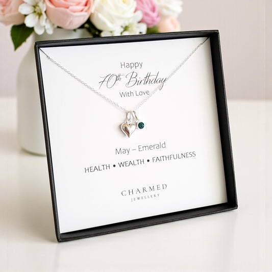 70th Birthday Gift | Puffy Heart Necklace with Crystal Birthstone