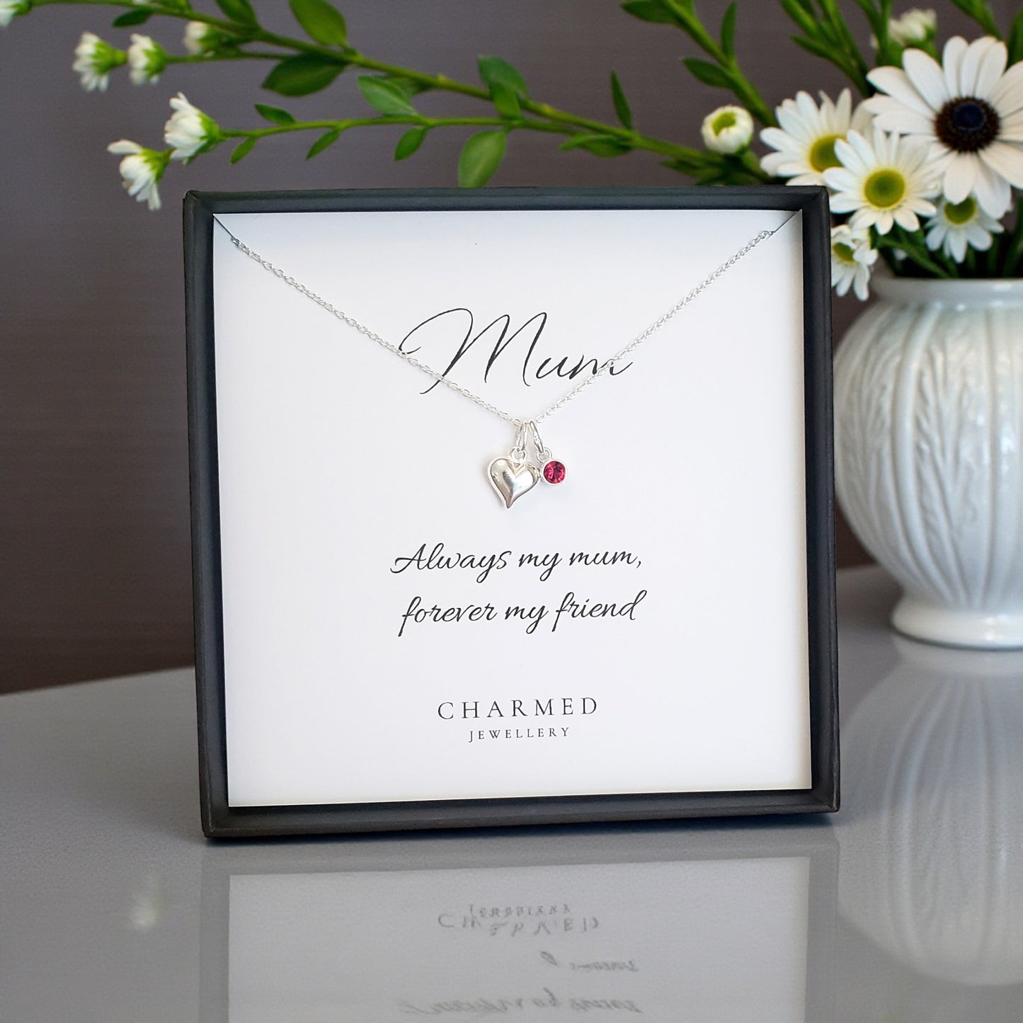 Mum Heart Necklace with Birthstone | Sterling Silver 925 | Personalised Jewellery Gift