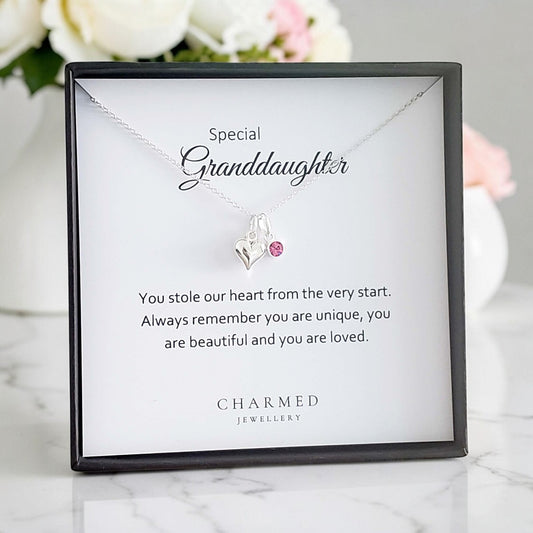 Granddaughter Heart Necklace with Birthstone | Sterling Silver 925 | Personalised Jewellery Gift